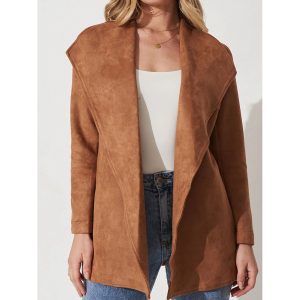 Women's Retro Large Lapel Suede Long Sleeve Jacket Cardigan, women tops, COTOSEN