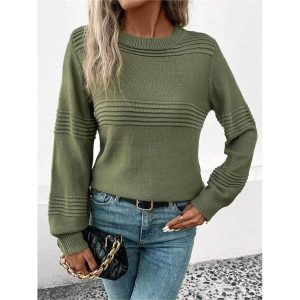 Women's Pleated Crew Neck Knitted Sweater, women tops, COTOSEN