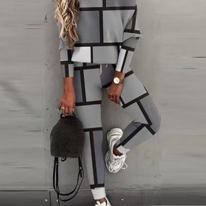 Women Plaid One Shoulder Long Sleeve Comfy Casual Top With Pants Two-Piece Set, Sets, color:Gray|size:XXL, catalog Noracora shop