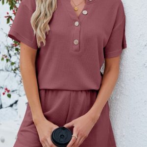Women Plain Shirt Collar Short Sleeve Comfy Casual Top With Pants Two-Piece Set, Sets, color:Brick Red|size:XL, catalog Noracora shop