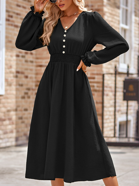 Women's Plain Long Sleeve Spring/Fall Dress Crew Neck Daily Casual Midi H-Line Dress, JustFashionNow Dresses, color:Black|size:XL,