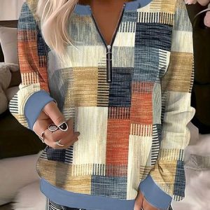 Casual Crew Neck Plaid Color Block Loose Sweatshirt, Hoodies & Sweatshirts, color:Multicolor|size:3XL, catalog Noracora shop