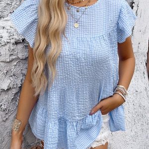 Crew Neck Cap Sleeve Plaid Regular Loose Blouse For Women, Blouses, color:Blue|size:XL, catalog Noracora shop