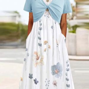 Women Small Floral Crew Neck Short Sleeve Comfy Casual Maxi Dress, Midi, color:Blue|size:XXL, catalog Noracora shop
