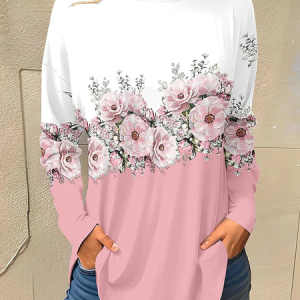 Casual Floral Crew Neck Long Sleeve T-shirt, Blouses, color:Pink|size:5XL, catalog Noracora shop