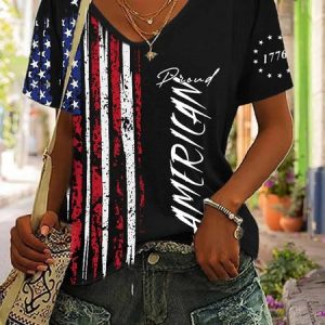 Women's Short Sleeve Tee T-shirt Summer Independence Day (Flag) V Neck Daily Going Out Casual Top Black, JustFashionNow T-Shirts, color:Black|size:XXL,