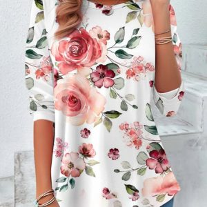 Vintage Floral Crew Neck Long Sleeve T-shirt, Blouses, color:Pink|size:XXL, catalog Noracora shop