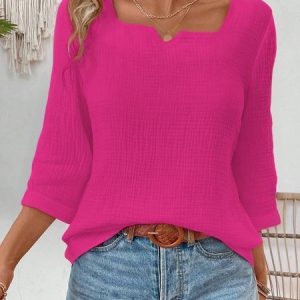 Women's Square Neck 3/4 Sleeve Plain Cotton Spring Summer Blouse, JustFashionNow Blouses, color:Rose Red|size:XXL,