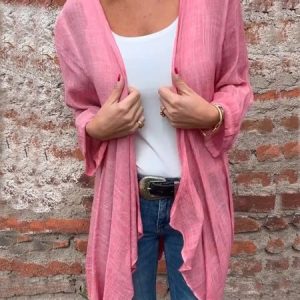 Crew Neck Long Sleeve Plain Lightweight Loose Shirt For Women, Cardigans, color:Pink|size:3XL, catalog Noracora shop