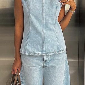 Crew Neck Casual Sleeveless Regular Fit Denim Top, Blouses and Shirts, color:Light Blue|size:XXL, Stylewe