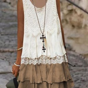 Solid U-Neck Sleeveless Woven Lace Dress, Short, color:Khaki|size:XS, catalog Noracora shop