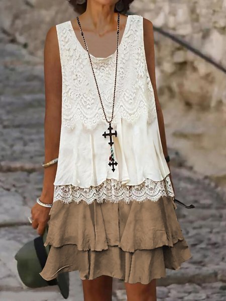Women's Sleeveless Summer Plain Lace Dress Crew Neck Daily Going Out Casual Midi H-Line Tank Khaki, JustFashionNow Dresses, color:Khaki|size:XS,