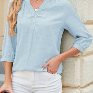 V Neck Half Sleeve Plain Regular Micro-Elasticity Regular Fit Shirt For Women, Blouses, color:Sky Blue|size:XXL, catalog Noracora shop
