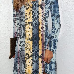 Women Ethnic Crew Neck Long Sleeve Comfy Casual Mini Dress, Dresses, color:Blue|size:XXL, catalog Noracora shop