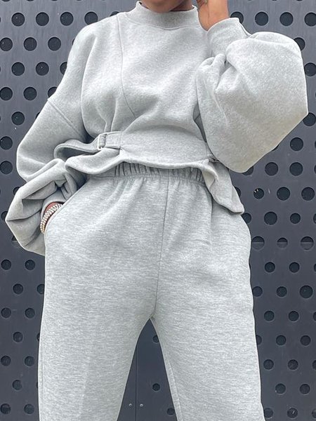 Stand Collar Casual Balloon Sleeve Sweatshirt With Belt, Hoodies and Sweatshirts, color:Gray|size:XXL, Stylewe