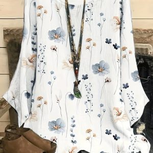 Crew Neck Long Sleeve Floral Regular Regular Fit Blouse For Women, Blouses, color:White|size:XXL, catalog Noracora shop