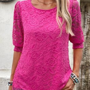 Crew Neck Half Sleeve Ditsy Floral Regular Micro-Elasticity Loose Shirt For Women, Blouses, color:Rose Red|size:XXL, catalog Noracora shop