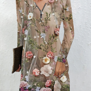 Women Geometric Long Sleeve Comfy Casual Zipper Midi Dress, Dresses, color:Multicolor|size:4XL, catalog Noracora shop