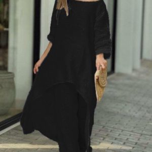 Women's Cotton Plain Daily Going Out Two Piece Set Long Sleeve Casual Spring/Fall Top With Pants Matching Set, JustFashionNow Suit Set, color:Black|size:5XL,