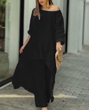 Women's Cotton Plain Daily Going Out Two Piece Set Long Sleeve Casual Spring/Fall Top With Pants Matching Set, JustFashionNow Suit Set, color:Black|size:5XL,