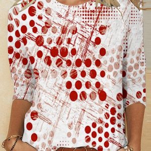 Casual Geometric Crew Neck Long Sleeve T-shirt, Blouses, color:Red|size:XXL, catalog Noracora shop