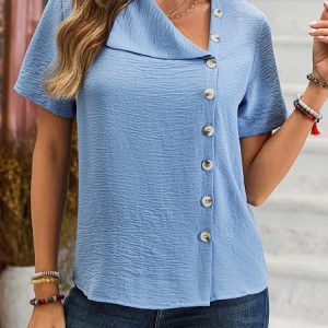 Shawl Collar Short Sleeve Plain Buckle Regular Micro-Elasticity Loose Blouse For Women, Blouses, color:Khaki|size:XS, catalog Noracora shop