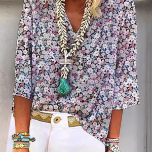 V Neck Long Sleeve Floral Chain Regular Regular Fit Blouse For Women, Blouses, color:Multicolor|size:XXL, catalog Noracora shop