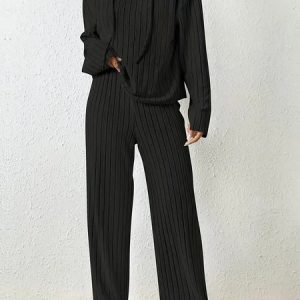 Women Plain Crew Neck Long Sleeve Comfy Casual Top With Pants Two-Piece Set, Sets, color:Black|size:XXL, catalog Noracora shop