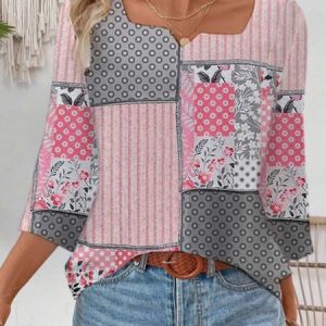 Casual Geometric Notched Three Quarter Sleeve T-shirt, T-shirts, color:Pink|size:XXL, catalog Noracora shop