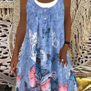 Women Animal Picture Crew Neck Sleeveless Comfy Casual Dress, Short, color:Blue|size:3XL, catalog Noracora shop