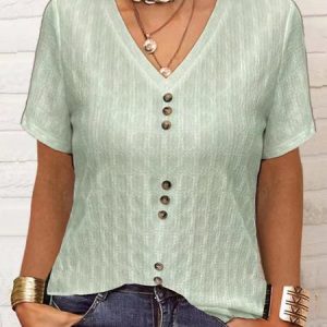 V Neck Short Sleeve Plain Regular Regular Fit Blouse For Women, Blouses, color:Green|size:3XL, catalog Noracora shop