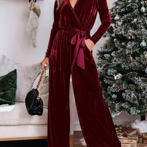 Women Long Sleeve V Neck Regular Fit Ankle Pants Daily Casual Plain Natural Jumpsuit, Jumpsuits&Rompers, color:Wine Red|size:3XL, catalog Noracora shop