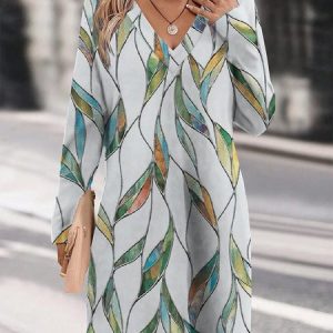 Women Floral V Neck Long Sleeve Comfy Casual Mini Dress, Midi, color:Multicolor|size:5XL, catalog Noracora shop
