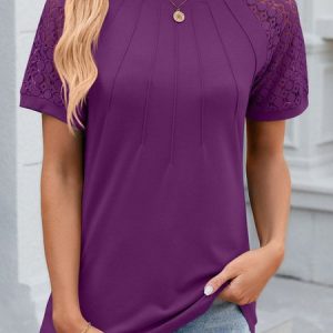 Crew Neck Short Sleeve Plain Lace Regular Micro-Elasticity Loose Shirt For Women, Blouses, color:Purple|size:XXL, catalog Noracora shop