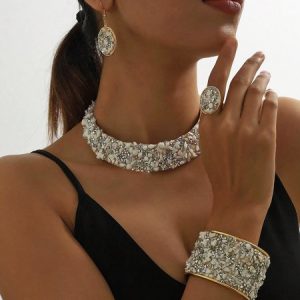 4pcs/set Luxurious Multicolor Rhinestone Embellished Metal Choker Necklace Set, Jewelry Set, color:White|size:One-size, catalog Noracora shop