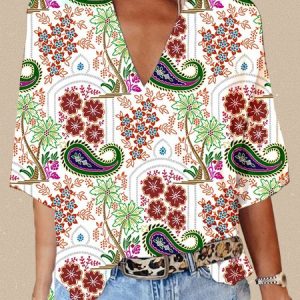 Casual Paisley V Neck Three Quarter Sleeve T-shirt, T-shirts, color:Dark Green|size:XXL, catalog Noracora shop