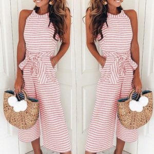 Women Sleeveless Crew Neck Regular Fit Ankle Pants Daily Casual Striped Natural Jumpsuit, Jumpsuits&Rompers, color:Pink|size:XL, catalog Noracora shop