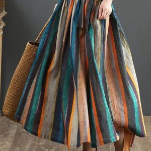 Casual Striped A-Line Natural Maxi Skirt, Skirts, color:Green|size:3XL, catalog Noracora shop