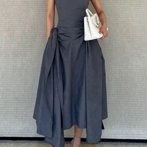 Regular Fit Crew Neck Elegant Plain Pockets Dress, Maxi Dresses, color:Gray|size:XXL, Stylewe