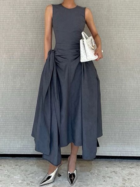 Regular Fit Crew Neck Elegant Plain Pockets Dress, Maxi Dresses, color:Gray|size:XXL, Stylewe