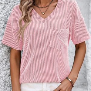 V Neck Short Sleeve Plain Regular Medium Elasticity Regular Fit Shirt For Women, Blouses, color:Pink|size:XXL, catalog Noracora shop