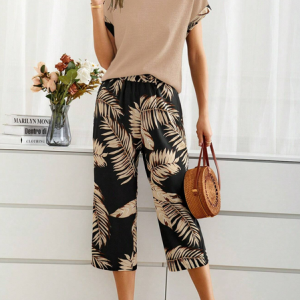 Women Palm Leaf Crew Neck Short Sleeve Comfy Casual Top With Pants Two-Piece Set, Sets, color:Khaki|size:XXL, catalog Noracora shop