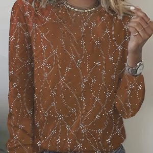 Women's Long Sleeve Tee T-shirt Spring/Fall Floral Printing Jersey Crew Neck Daily Going Out Casual Top, JustFashionNow T-Shirts, color:Deep Brown|size:3XL,