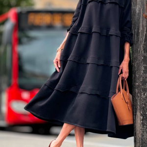 Plain Elastane Crew Neck Elegant Regular Sleeve Dress, Midi Dresses, color:Black|size:XXL, Stylewe