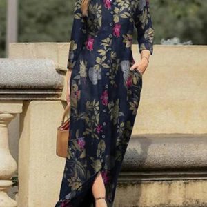 Women Geometric Stand Collar Long Sleeve Comfy Casual Maxi Dress, Dresses, color:Purplish Blue|size:5XL, catalog Noracora shop