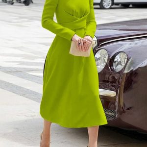 Cross Urban Long Sleeve Plain Regular Fit Midi Dress, Midi Dresses, color:Green|size:XXL, Stylewe