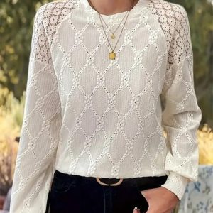 Crew Neck Long Sleeve Plain Lace Regular Regular Fit Blouse For Women, Blouses, color:Apricot|size:XXL, catalog Noracora shop