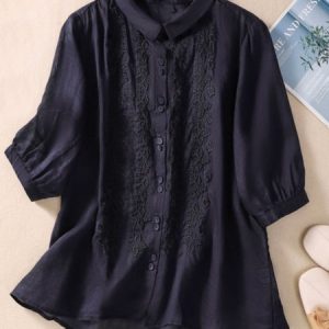 Shirt Collar Long Sleeve Plain Regular Loose Blouse For Women, Blouses, color:Black|size:XXL, catalog Noracora shop