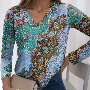 Casual Ethnic V Neck Long Sleeve T-shirt, Blouses, color:Blue|size:5XL, catalog Noracora shop