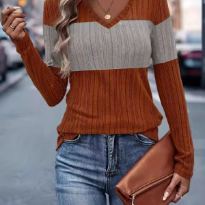 V Neck Long Sleeve Color Block Regular Medium Elasticity Regular Fit Blouse For Women, Blouses, color:Orange|size:XXL, catalog Noracora shop